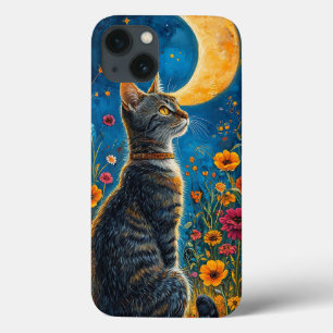 Stilfull katt under månen magisk natt himmel estet