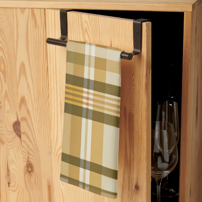 Stilfull klassisk guld och beige rutig kökshandduk (Thirds Fold)