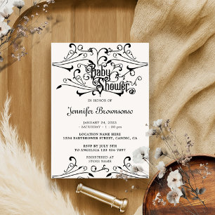 Stilfull Klassisk Svart Retro Ornament Baby Shower Inbjudningar