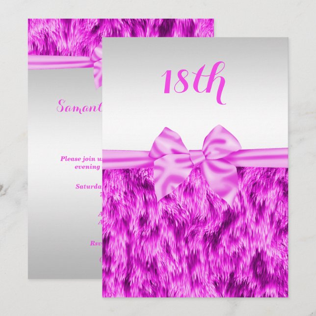 Stilfull konstpäls och rosa sidenbåge 18-årsdag inbjudningar (Fram/baksida)