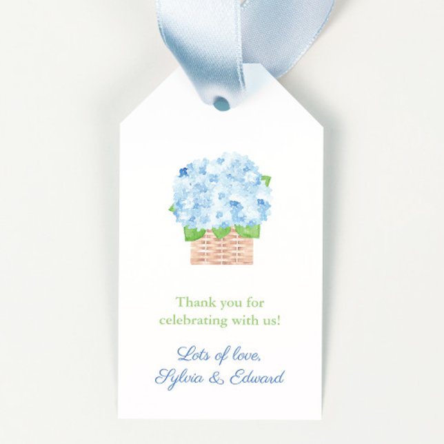 Stilfull korg med hortensia vår sommar bröllop dus presentetikett (Coastal Grandma Watercolor blue hydrangeas in wicker basket favor tags)