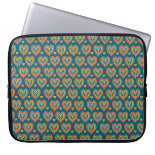 Stilfull laptopfodral, röda hjärtan på mörk teal laptop sleeve