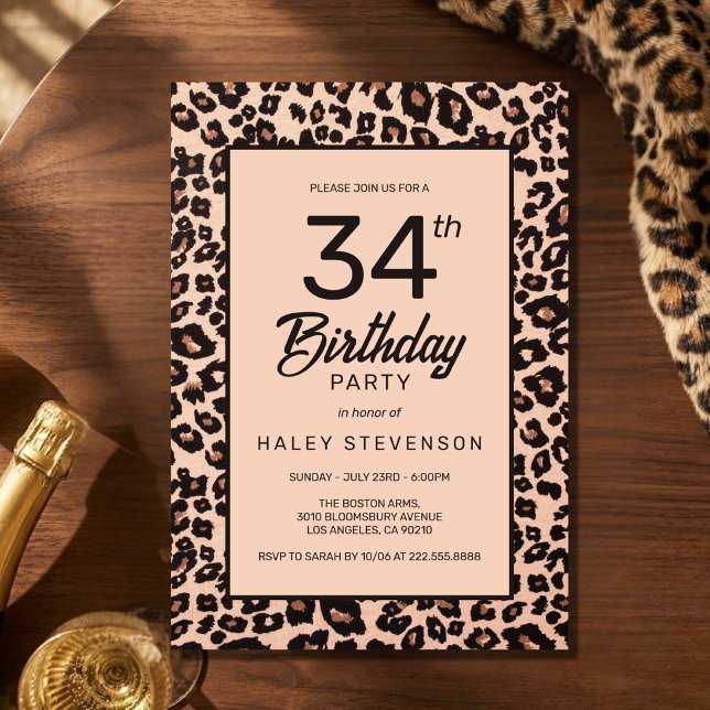 Stilfull leopard djurtryck trendig 34-årsdag inbjudningar (Skapare uppladdad)