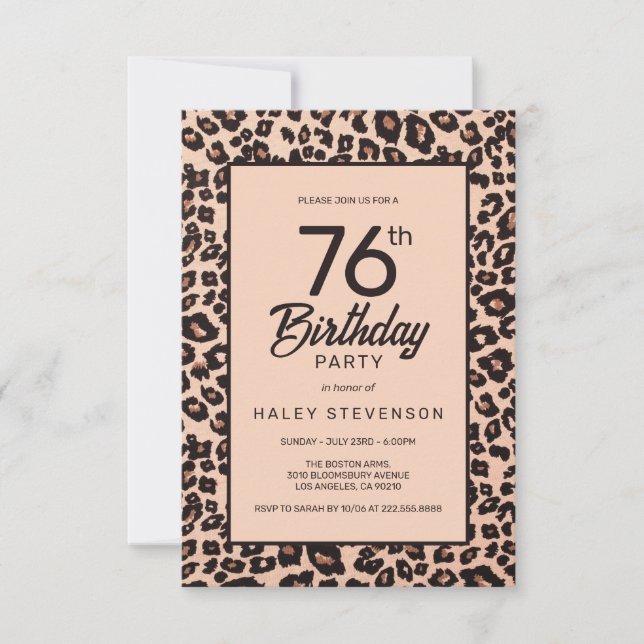 Stilfull leoparddjurtryck trendig 76-årsdag inbjudningar (Framsida)