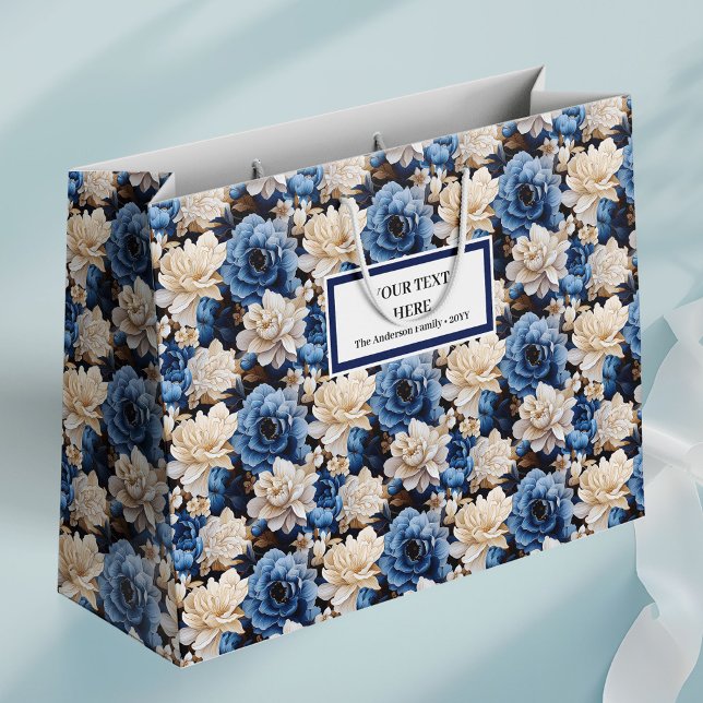 Stilfull marin vit elfenbensfärgad blommig present (Stylish Navy White Ivory Floral Gift Bag Decor)