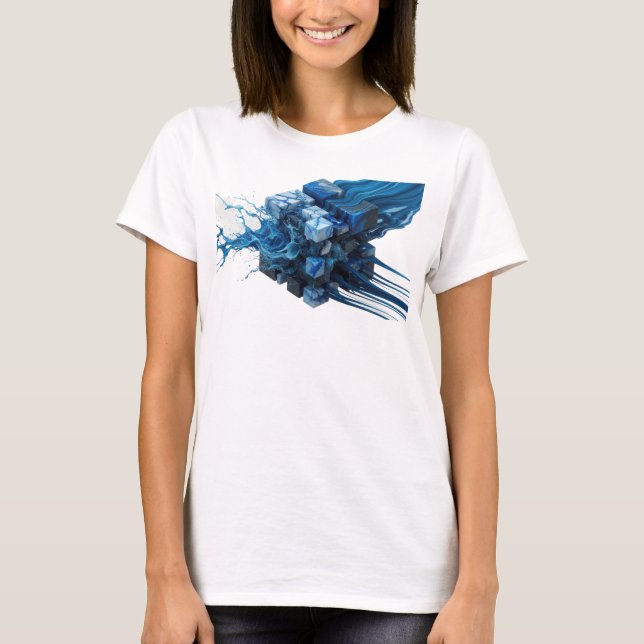 Stilfull marinblå abstrakt kuber konsttryck t shirt (Framsida)