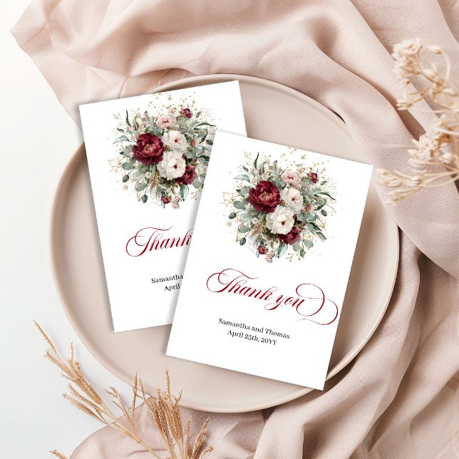 Stilfull Marsala Blommor Grönt Guld Tack Kort (Stylish Marsala Floral Greenery Gold Thank You Card)