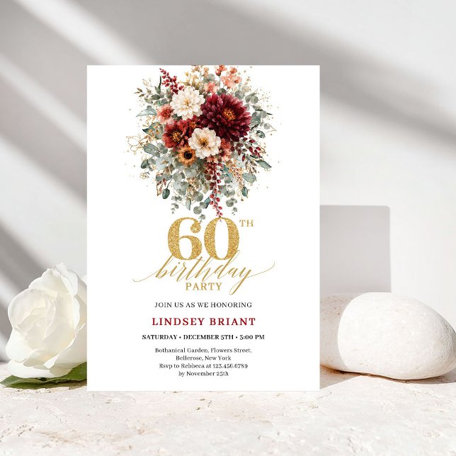 Stilfull Marsala Guld Höst 60-års Födelsedagsinbju Inbjudningar (Stylish Marsala Gold Autumn 60th Birthday Invite

)