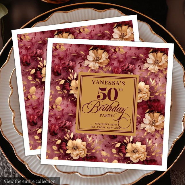 Stilfull Merlot Rosa Guld Blommig 50-års Födelseda Pappersservett (Stylish Merlot Blush Gold Floral 50th Birthday Paper Dinner Napkins)