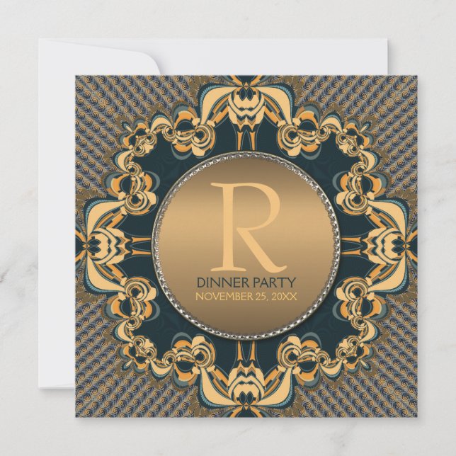 Stilfull middagskvällsmonogram Teal Guld Inbjudan (Framsida)