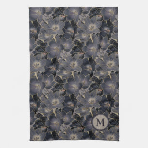 Stilfull midnatt marinblå blommönsterMonogram Kökshandduk