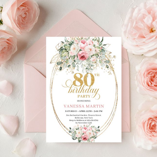 Stilfull minimal blush blomsterlig 80-års inbjudan (Stylish Minimal Blush Floral 80th Birthday Invitation

)