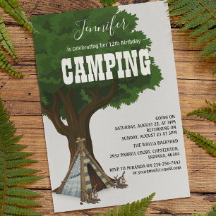 Stilfull modern camping födelsedagsinbjudan inbjudningar