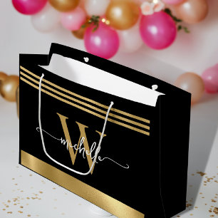 Stilfull monogram initial skript svart guld randig