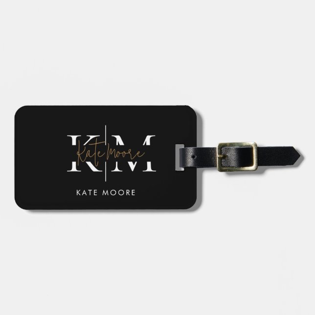 Stilfull monogram svart guld skript kontor skola bagagebricka (Horisontell Framsida)