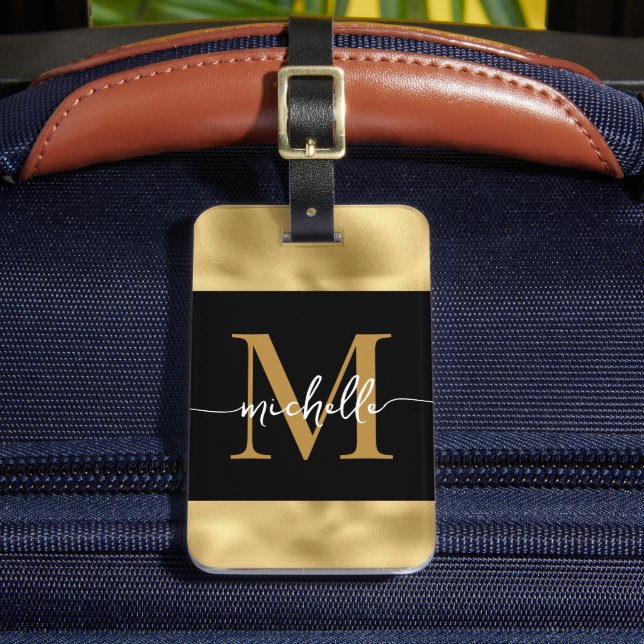 Stilfull monogrammanus skrift Svart och guld metal Bagagebricka (Framsida Insitu 2)