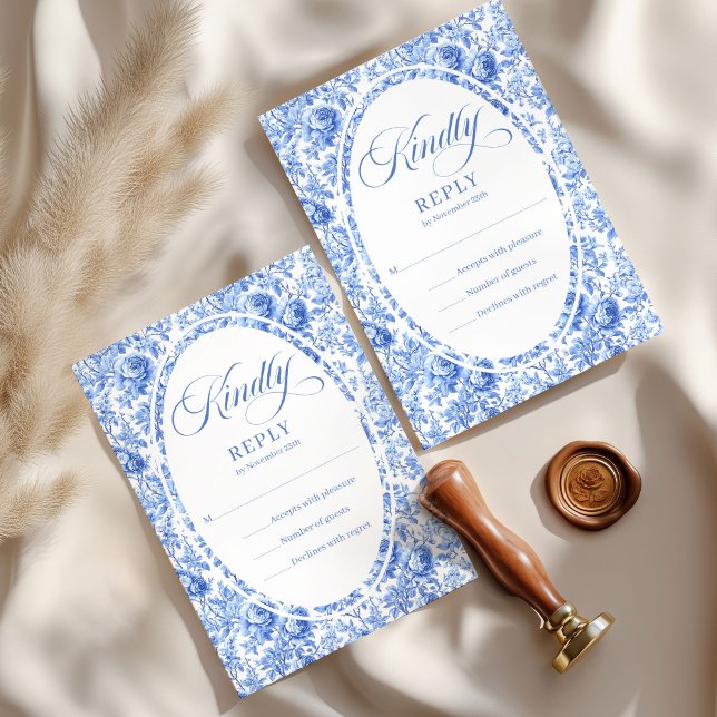 Stilfull Navy Toile Roser Anpassad Bröllops-RSVP-k OSA Kort (Stylish Navy Toile Roses Custom Wedding RSVP Card

)