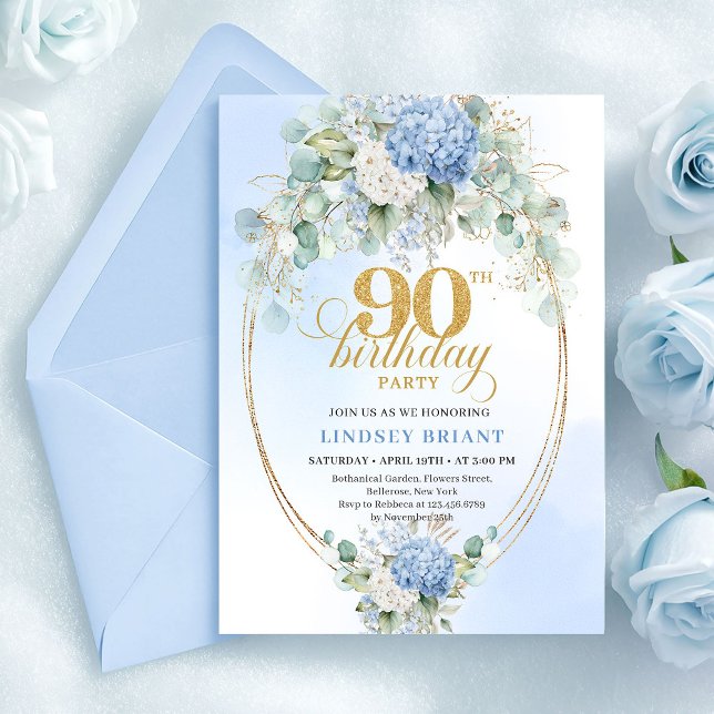 Stilfull Pastellblå Blommig Guld 90-års Födelsedag Inbjudningar (Stylish Pastel Blue Floral Gold 90th Birthday Card)