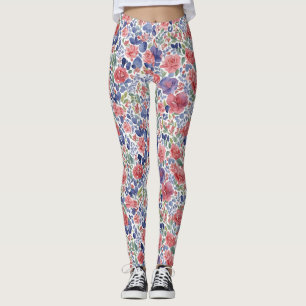 Stilfull pastellröd och lila blomster vattenfärg leggings