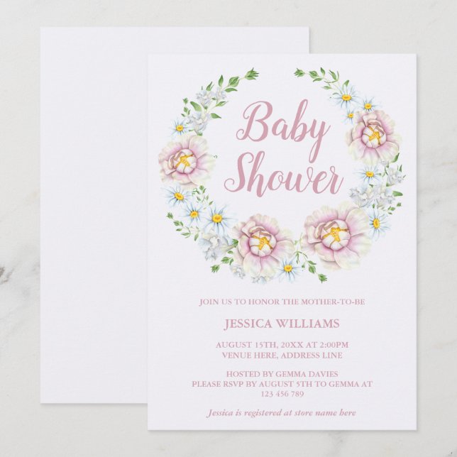Stilfull Peony Blomsterkrans Baby Shower Inbjudningar (Fram/baksida)