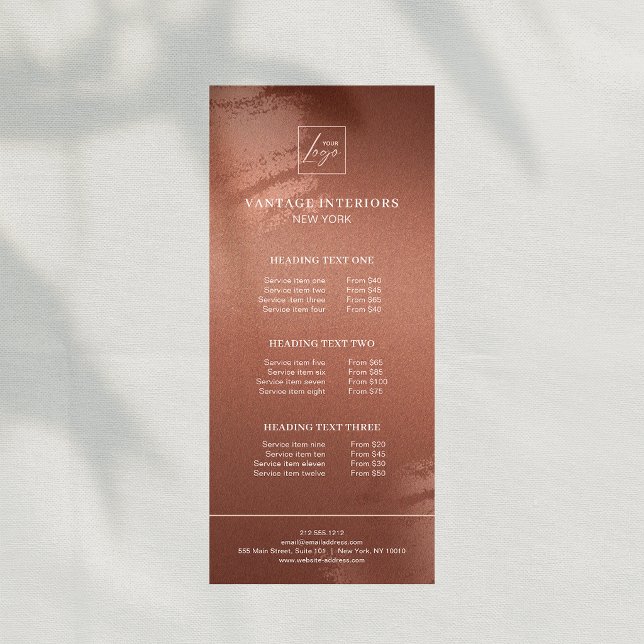 Stilfull prislista för bronsfärgad företagslogotyp reklamkort (Stylish Bronze Business Logo Price List Rack Card)