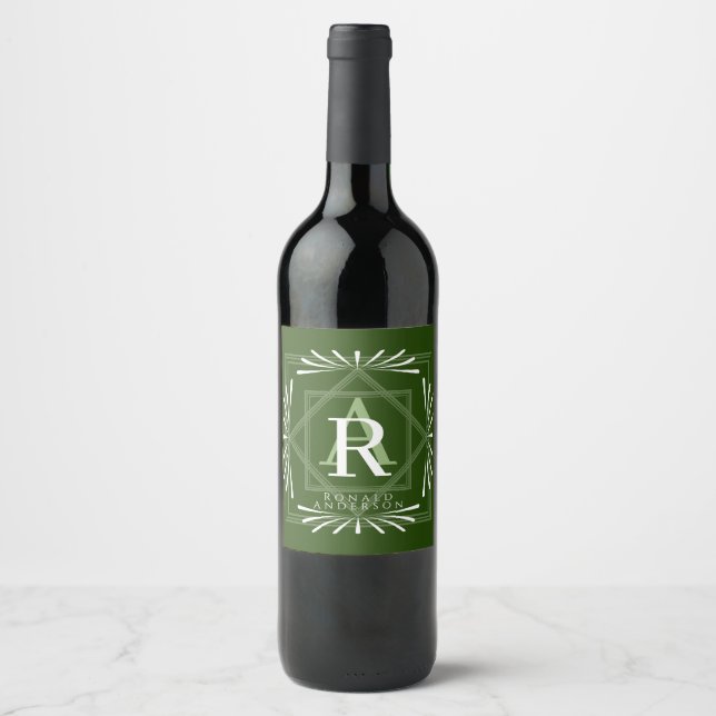 Stilfull ram grön monogram vinflaska etikett (Framsida)