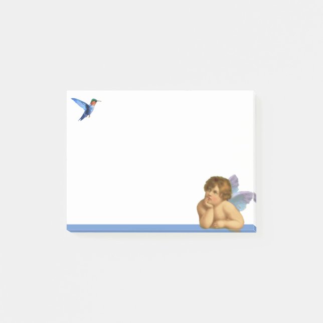 Stilfull Raphael-kerub & blå kolibri Post-it Block (Framsida)