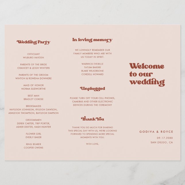 Stilfull retro Peach Pink Trifold Bröllopsprogram (Baksidan)