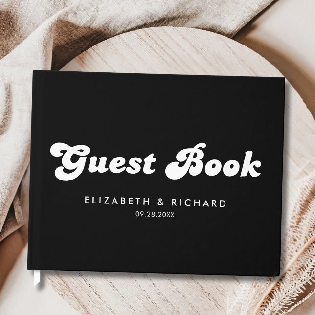 Stilfull Retro Svart & Vit Bröllop Gästböcker (Retro black and white guest book captures memories with a stylish, timeless wedding feel.)