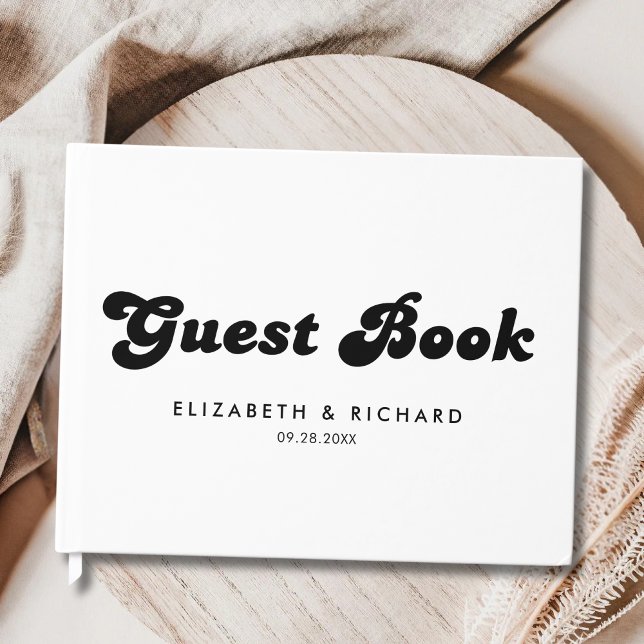Stilfull Retro Svart & Vit Bröllop Gästböcker (Retro black and white guest book captures heartfelt messages with a stylish, timeless feel.)
