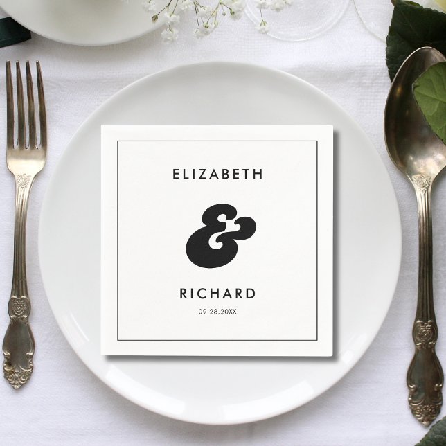 Stilfull Retro Svart & Vit Bröllop Pappersservett (Retro black and white wedding napkins add a stylish, cohesive touch to your reception table.)