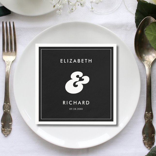 Stilfull Retro Svart & Vit Bröllop Pappersservett (Retro black and white wedding napkins bring a stylish, cohesive feel to your reception.)