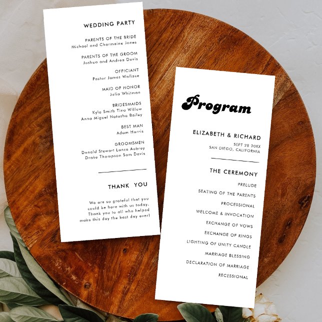 Stilfull Retro Svart & Vit Bröllopsprogram (Stylish retro black and white wedding program adds timeless charm while guiding your ceremony flow)