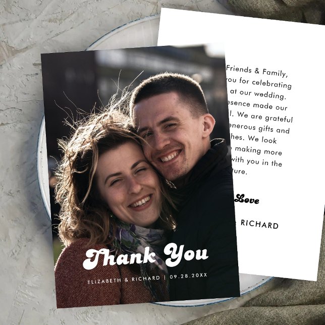 Stilfull Retro Svart & Vitt Bröllopsfoto Tack Kort (Classic black and white photo thank you card shares your wedding memories with timeless charm.)