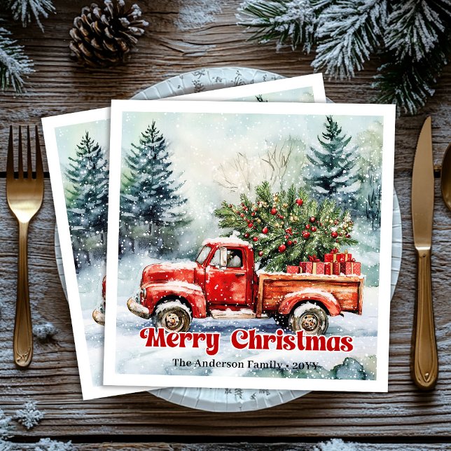 Stilfull röd lastbil vinter scen rustika servetter (Stylish red truck winter scene rustic napkins set)