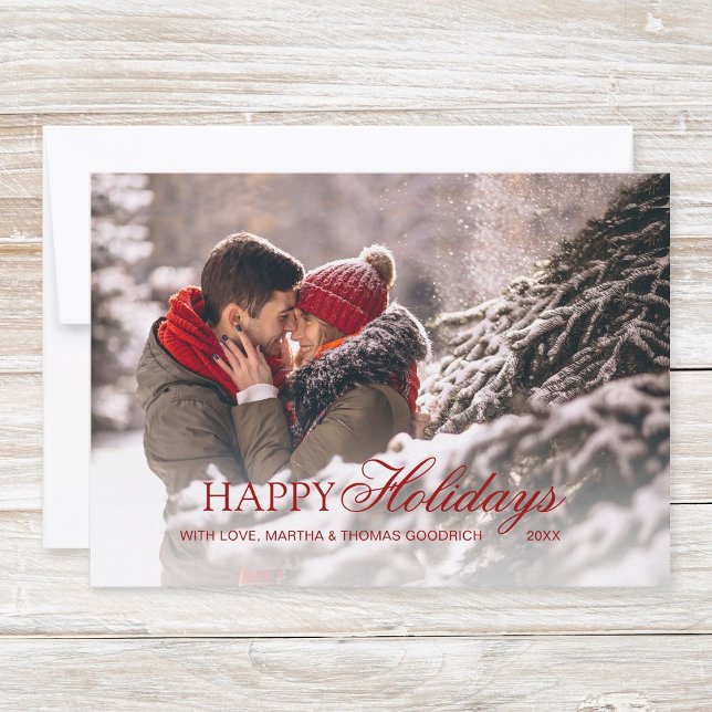 Stilfull röd skrift Glad jul Gradient foto Julkort (Simple, classy christmas photo card "Happy Holidays" with elegant red script typography.)