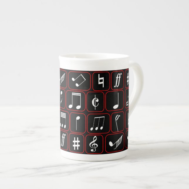 Stilfull röd svartvit geometrisk musik noter benporslin mugg (Framsida höger)