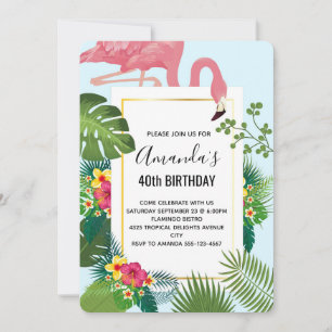 Stilfull rosa flamingo och tropiska blad födelseda inbjudningar