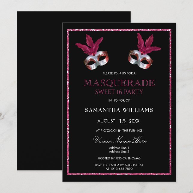 Stilfull rosa glitter maskerad Sweet 16 Inbjudningar (Fram/baksida)