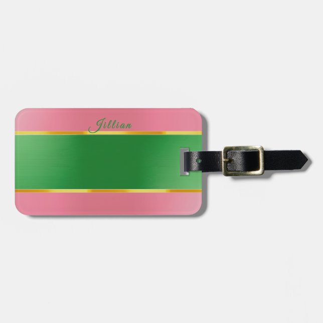 Stilfull Rosa Grön Monogram Preppy Bagagebricka (Horisontell Framsida)