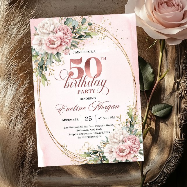 Stilfull Rosa Guld Blommig 50-årsfest Inbjudningar (Stylish Rose Gold Floral 50th Birthday Party Invite)