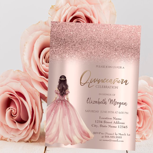 Stilfull Rosa Guld Glitter Chic Klänning Quinceañe Inbjudningar (Skapare uppladdad)