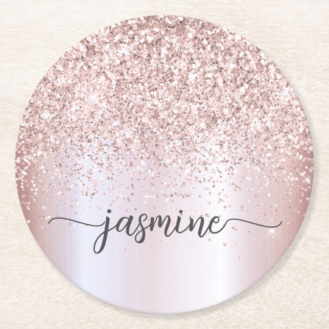 Stilfull Rosa Guld Glitter Förnamns Signatur Underlägg Papper Rund (Framsidan)