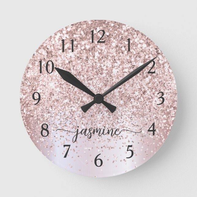 Stilfull Rosa Guld Glitter Metallisk Monogram Namn Rund Klocka (Framsida)