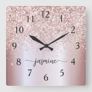 Stilfull rosa guld glitter monogram namn underskri fyrkantig klocka