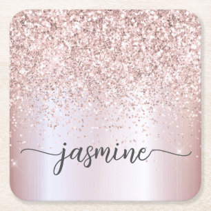 Stilfull rosa guld glitter monogram namn underskri underlägg papper kvadrat