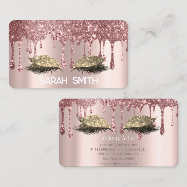 Stilfull Rosa Guld, Glitterdroppar Ögonfransar Visitkort (Fram/baksida)