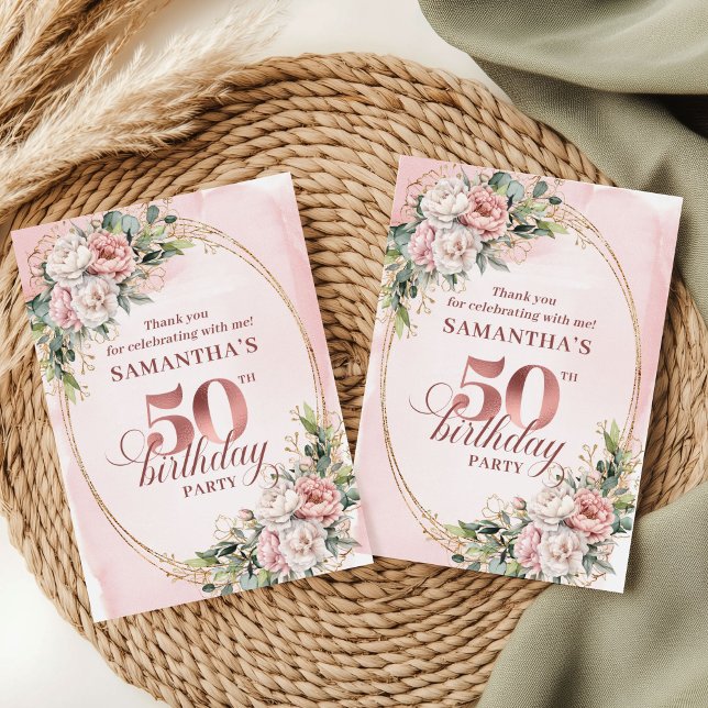 Stilfull Rosa Guld Pastell Rosa 50-årsdag Tack  Kort (Stylish Rose Gold Pastel Pink 50th Birthday Thank You Card

)
