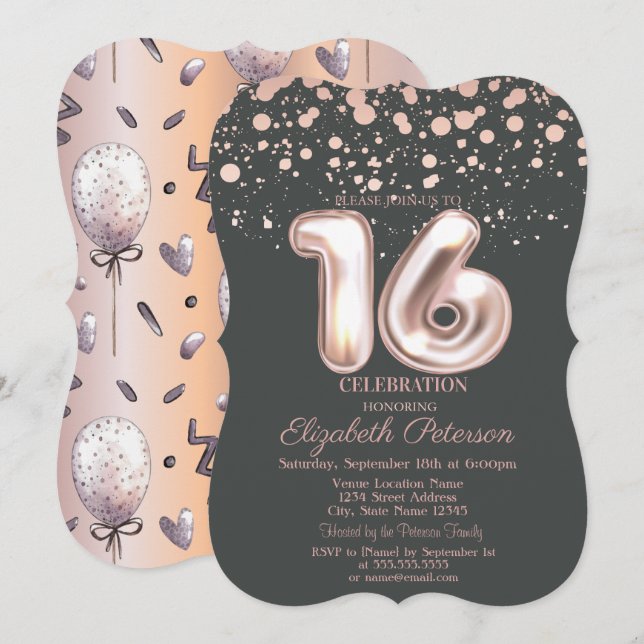 Stilfull rosa guldprick, ballonger Sweet 16 Inbjudningar (Fram/baksida)