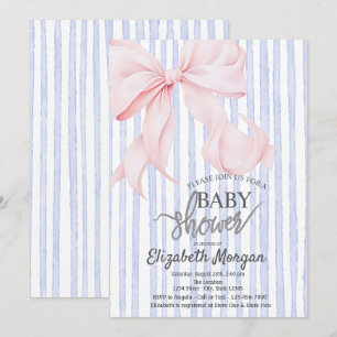 Stilfull rosa rosett randig blå baby shower inbjudningar